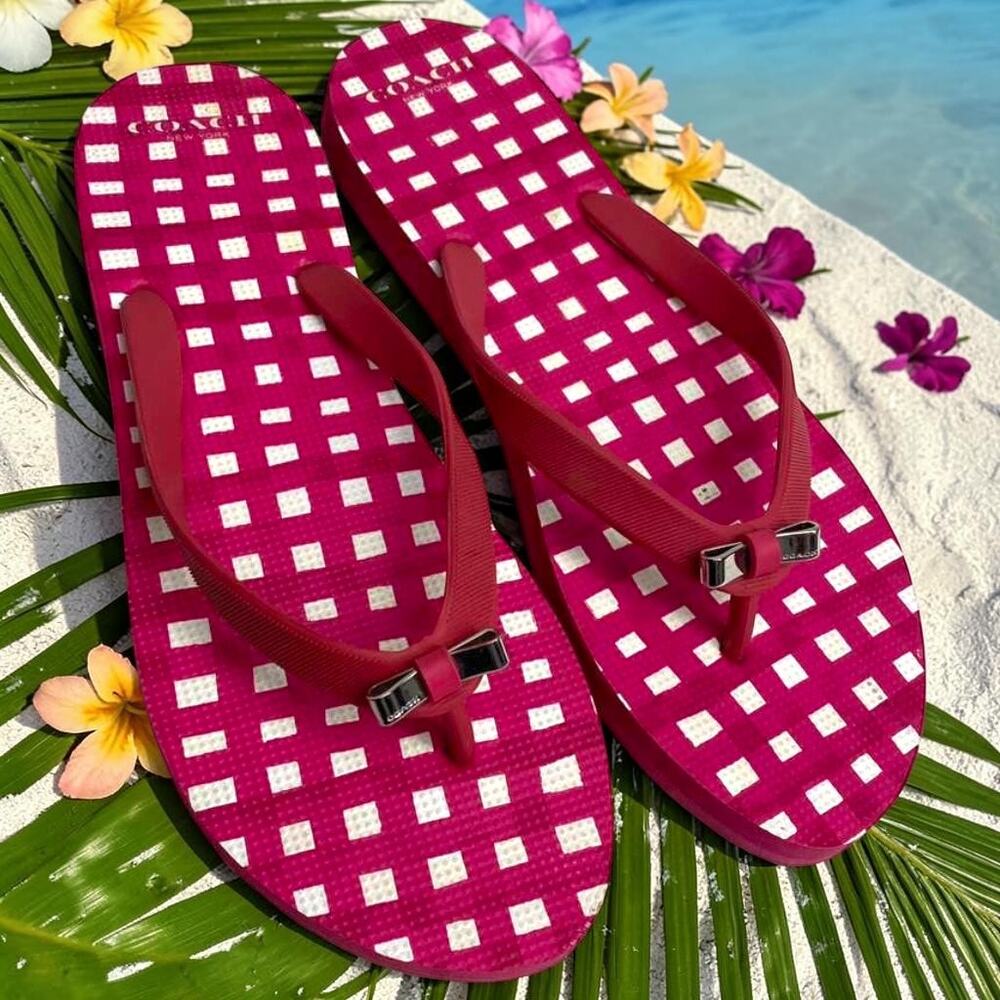 Coachs Women's Pink Plaid Bow Accented Flip Flop Sandals Gingham Sz 9